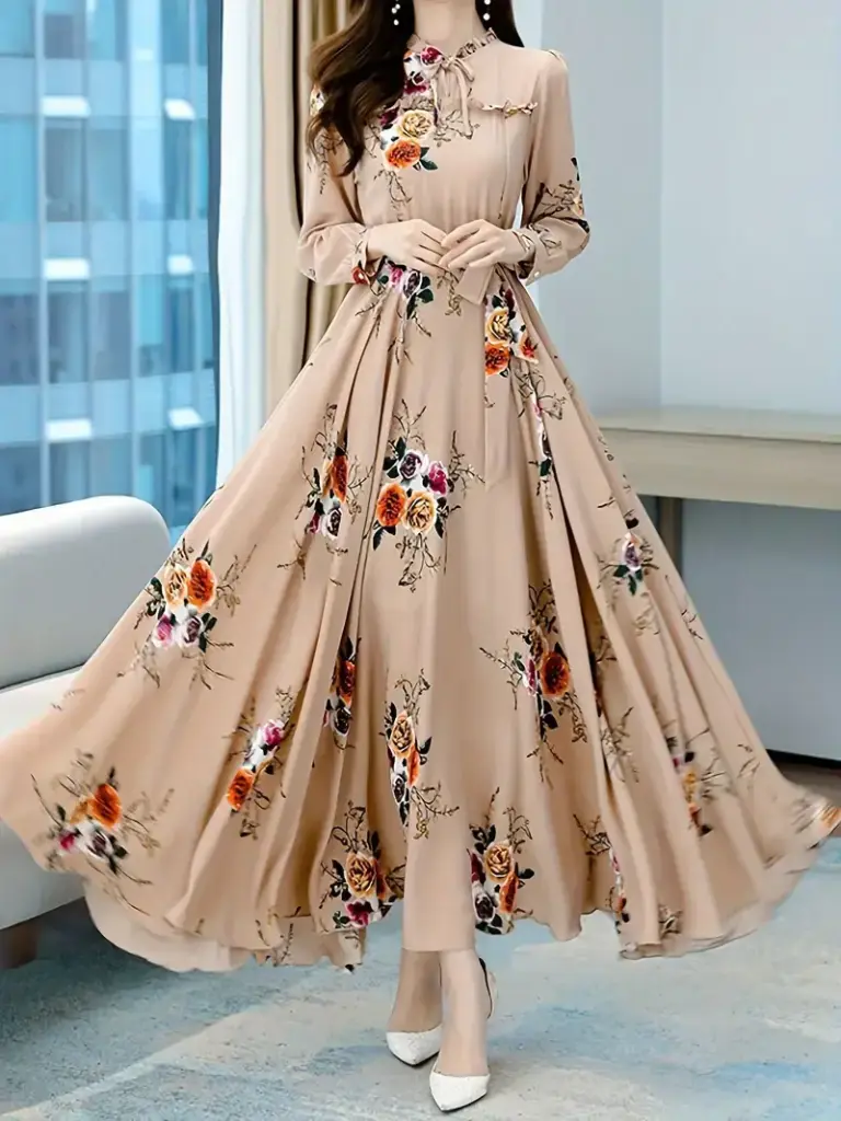 Women'S Floral Print V-Neck Long Sleeve A-Line Dress - Elegant Beige with Multicolor Flowers, Hand Wash Only, Spring/Fall Party & Formal Wear, Floral Print Dress, Autumn Event Gown, Sophisticated Texture