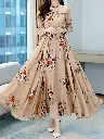 Women'S Floral Print V-Neck Long Sleeve A-Line Dress - Elegant Beige with Multicolor Flowers, Hand Wash Only, Spring/Fall Party & Formal Wear, Floral Print Dress, Autumn Event Gown, Sophisticated Texture