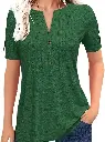 [Summer V-Neck Pleated Tee] Summer Solid Color V-Neck Pleated Button Short Sleeve T-Shirt - Women's Casual Top