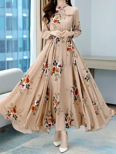 Women'S Floral Print V-Neck Long Sleeve A-Line Dress - Elegant Beige with Multicolor Flowers, Hand Wash Only, Spring/Fall Party & Formal Wear, Floral Print Dress, Autumn Event Gown, Sophisticated Texture