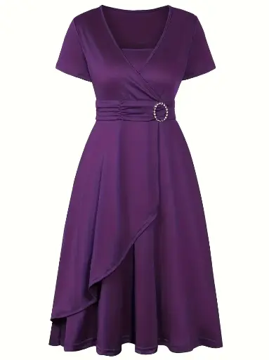Elegant Maroon Midi Dress with Rhinestone Detail - Short Sleeve, V-Neck, Asymmetrical Hem, Solid Color, Polyester Blend, Machine Washable, Chic Crossed Waist Midi Dress